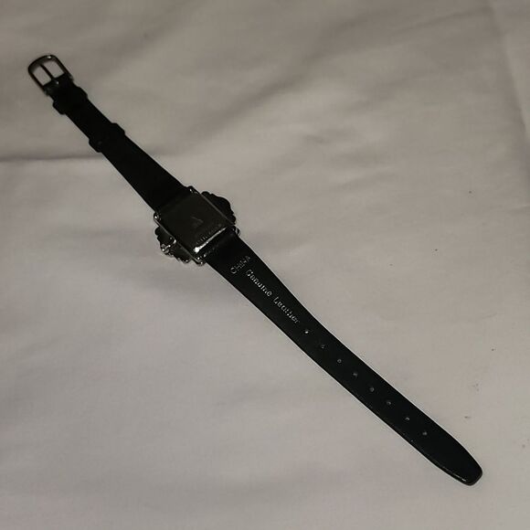 New Gothic Avon Silvertone‎ Marcasite Watch Black Leather Band Goth Romantic - Picture 6 of 10